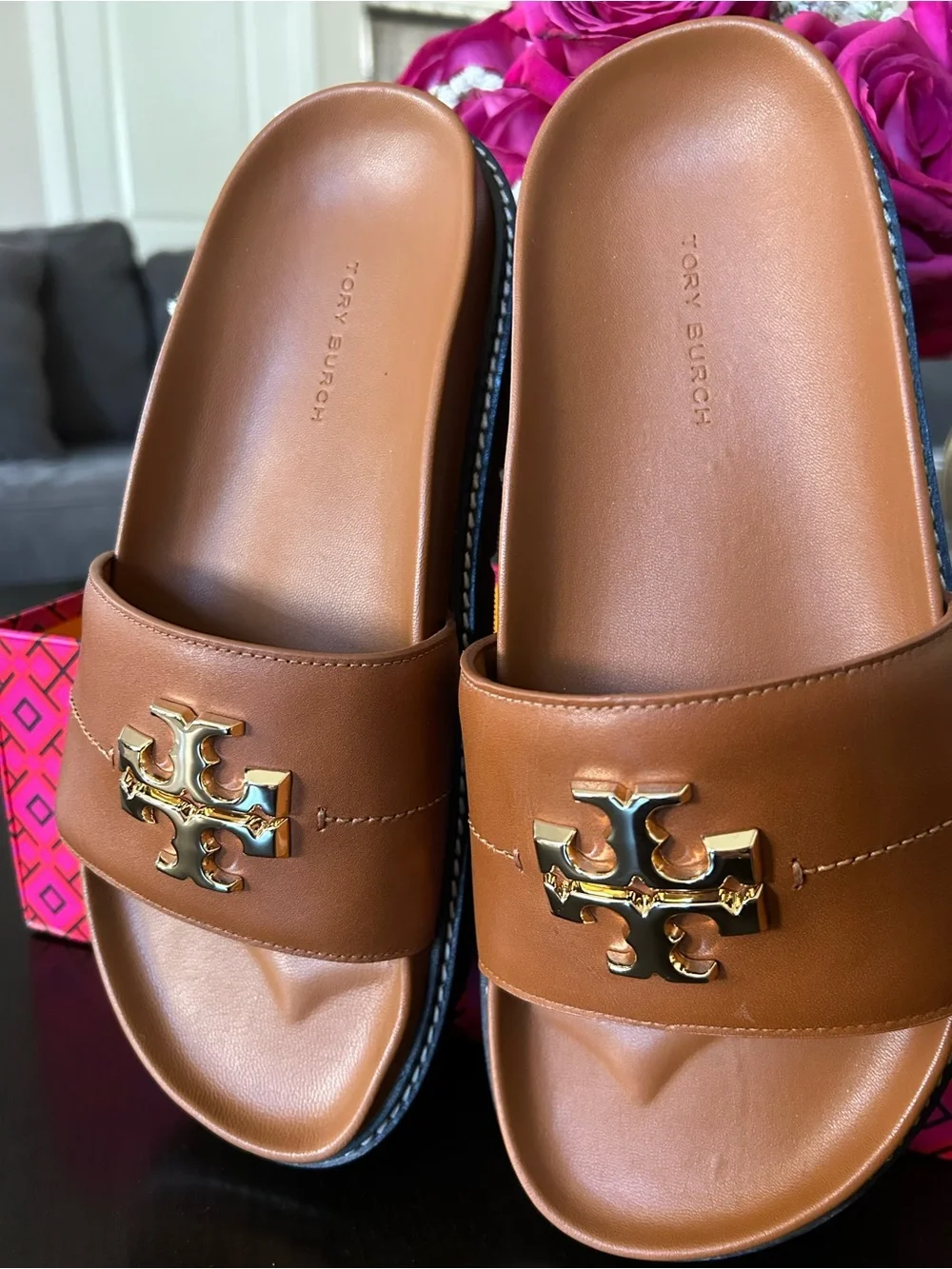 Tory Burch Tan Leather Slide Sandals with Gold Logo